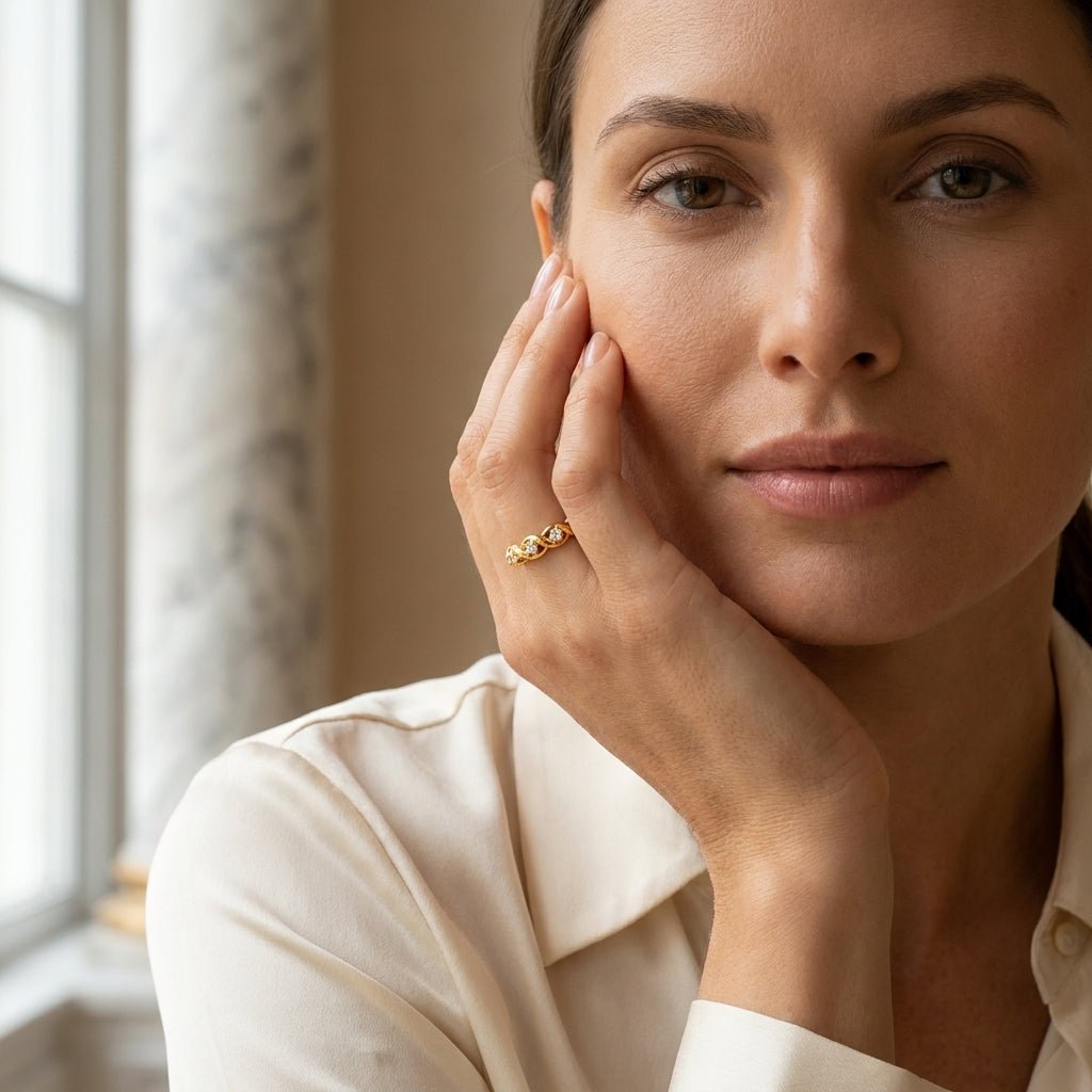 Anel Feminino Dourado Meia Aliança com 5 Zircônias - Anéis | Helennea