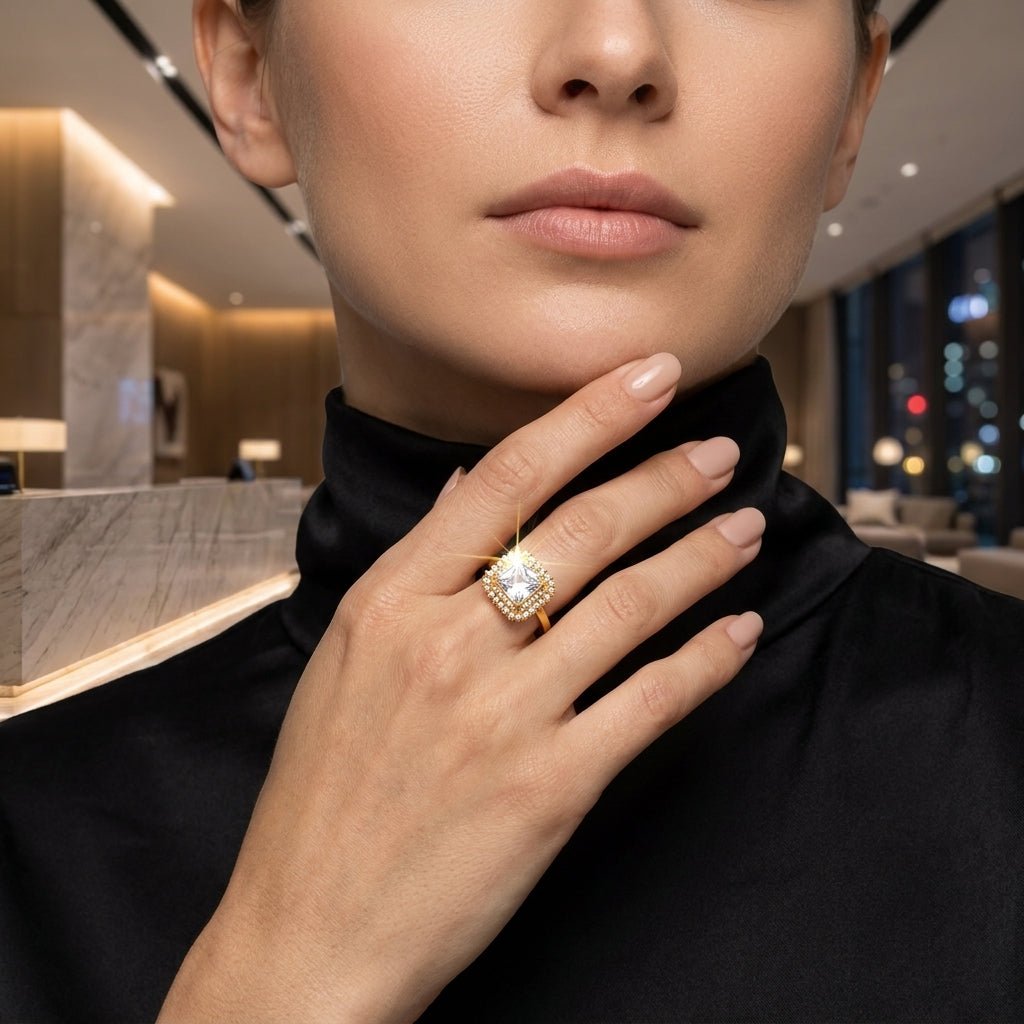 Anel Feminino Dourado Solitário com Zircônia Cravejada - Anéis | Helennea