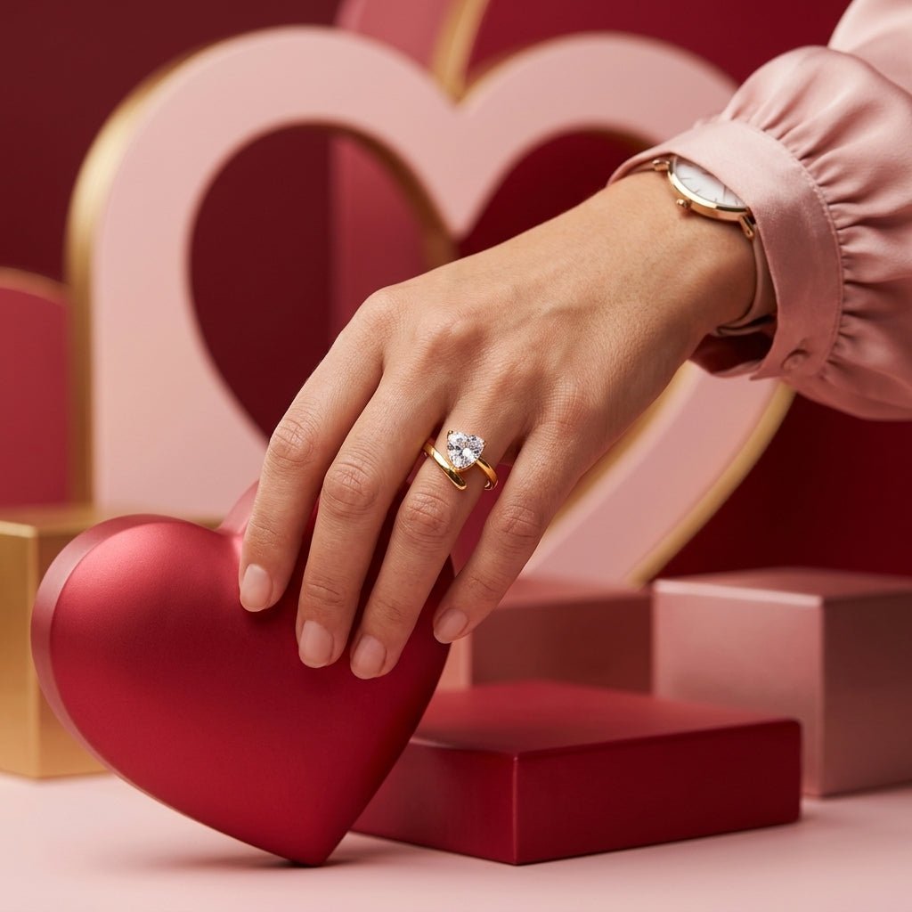 Anel Feminino Dourado Solitário Coração com Zircônia - Anéis | Helennea