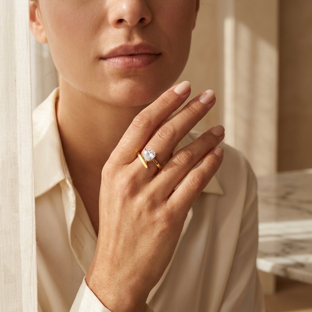 Anel Feminino Dourado Solitário Coração com Zircônia - Anéis | Helennea
