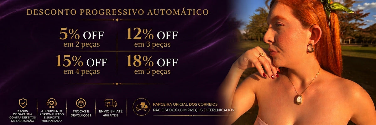 Desconto progressivo Helennea: 5% OFF em 2 peças, 12% OFF em 3 peças, 15% OFF em 4 peças e 18% OFF em 5 peças. Semijoias selecionadas.