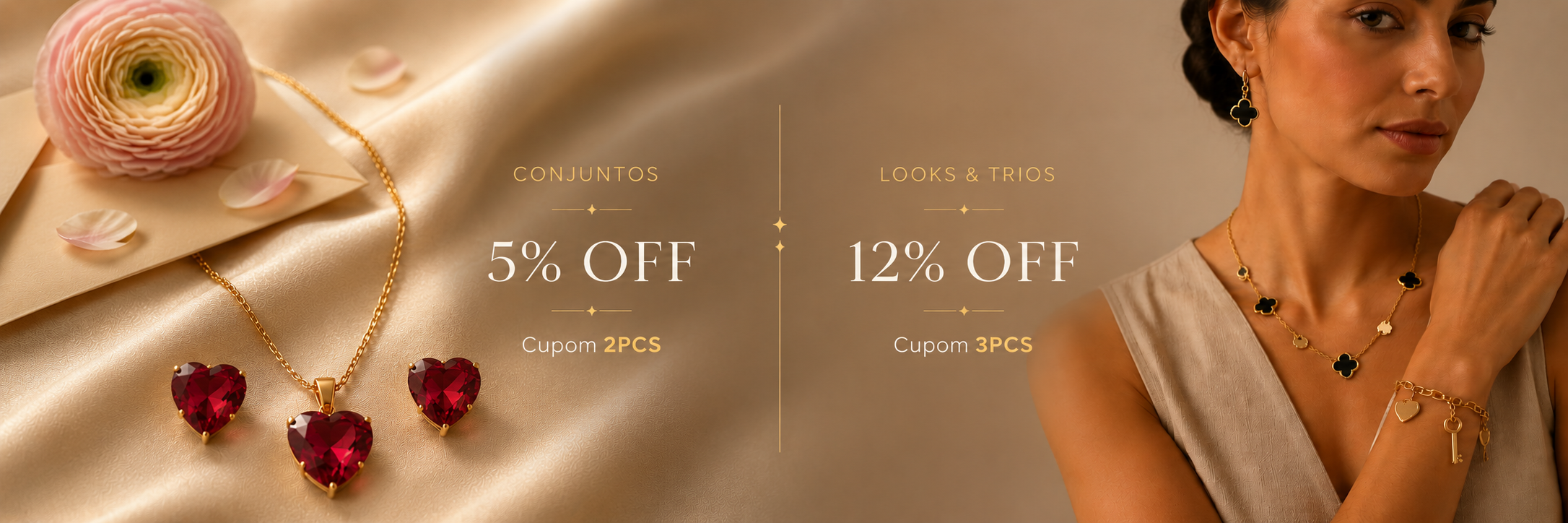 Banner Helennea: Conjuntos 5% OFF com cupom 2PCS e Looks Completos e Trios 12% OFF com cupom 3PCS