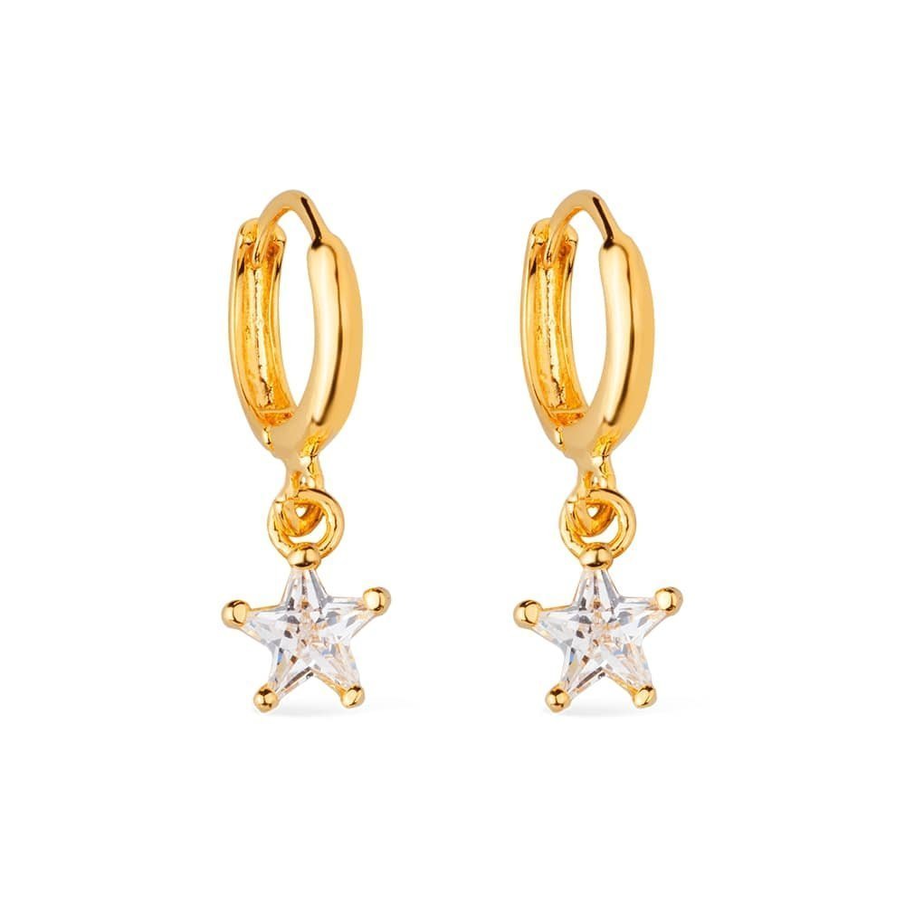 Brinco Argola Estrela Dourado Feminino com Pedra Brilhante de Zircônia - Brincos | Helennea
