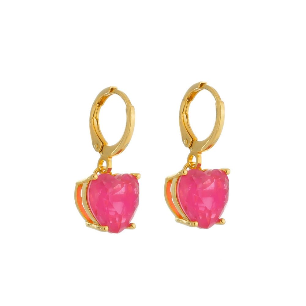 Brinco Argolinha Feminino Dourado Coração Rosa com Pedra - Brincos | Helennea