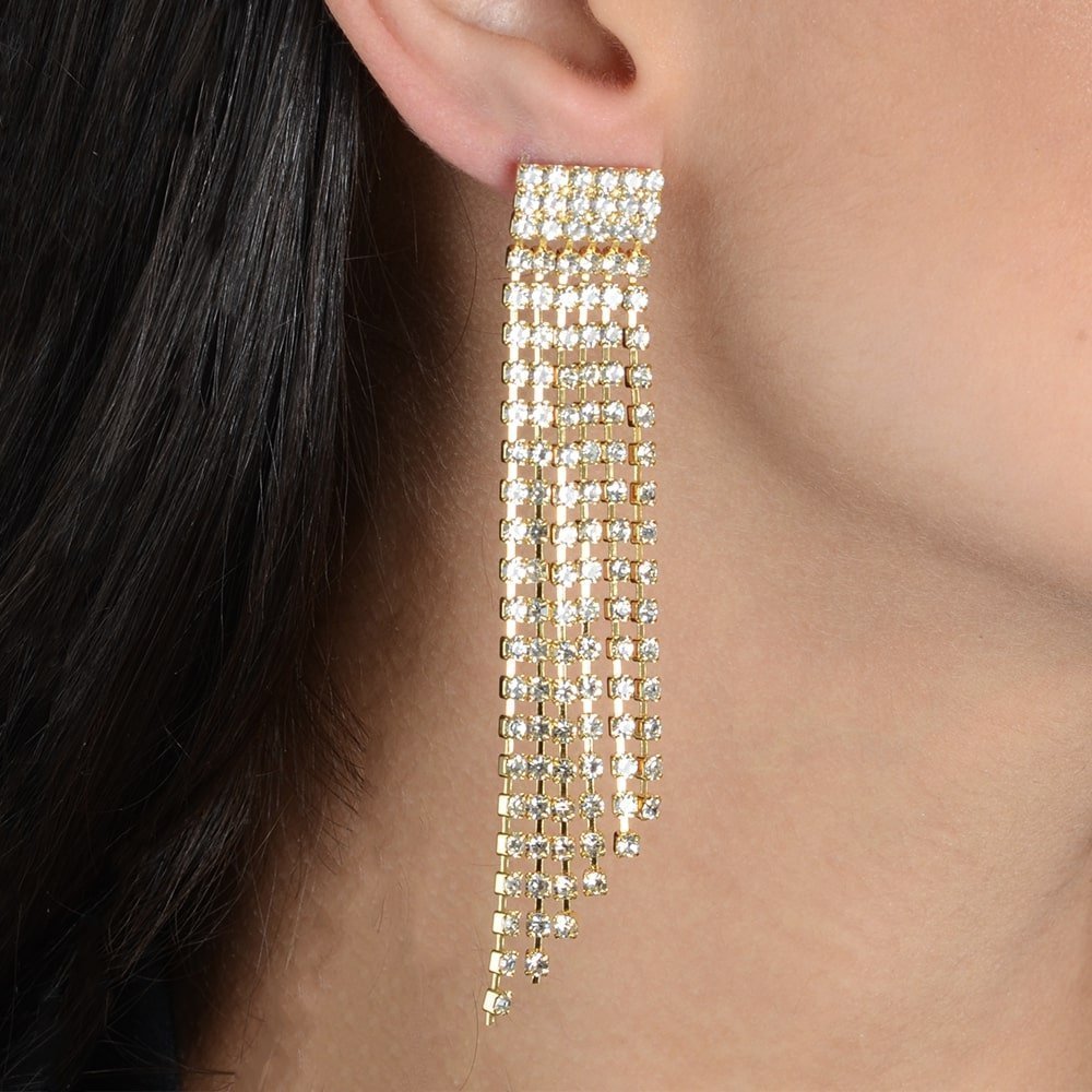 Brinco Dourado de Luxo com 123 Pedras de Strass - Brincos | Helennea