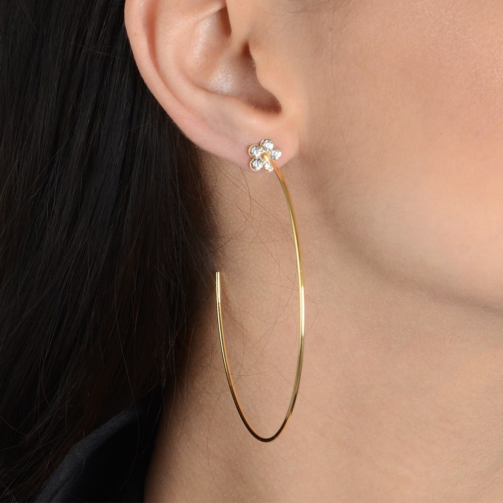Brinco Feminino Dourado Argola Grande com Flor em Strass - Brincos | Helennea