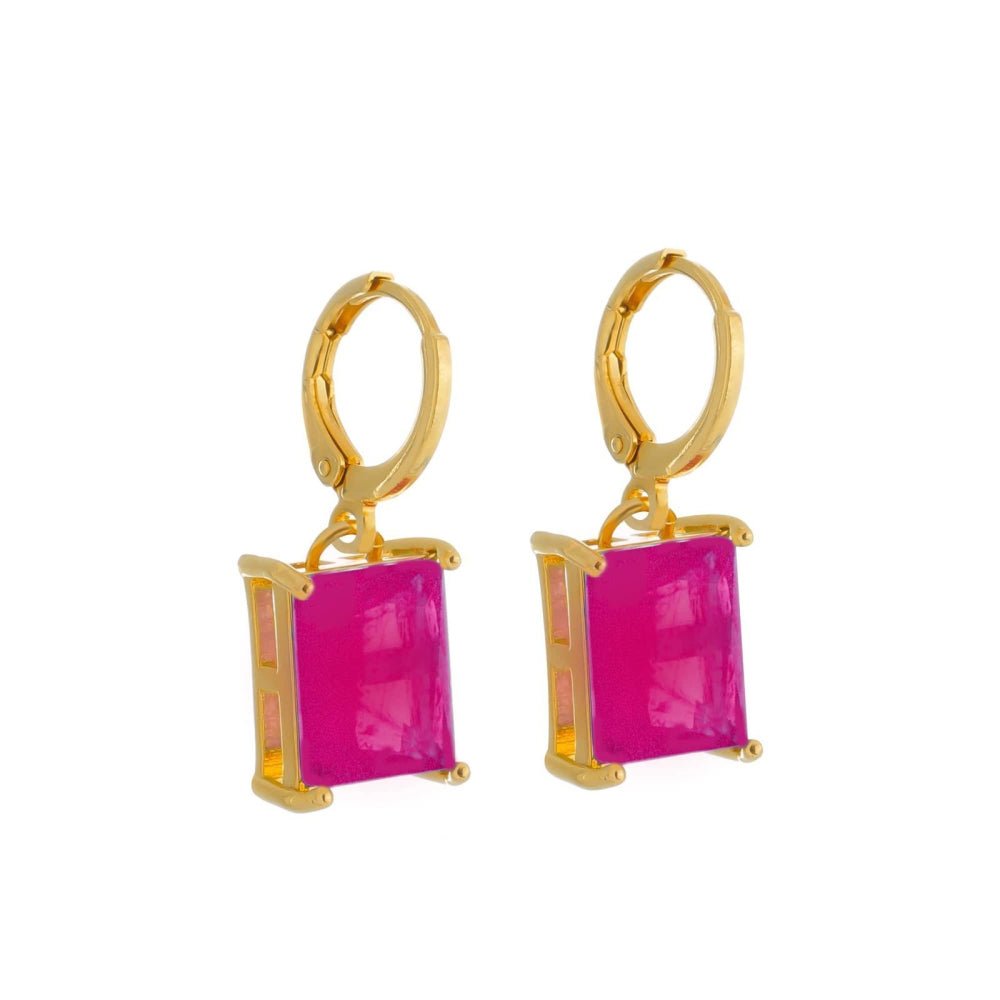 Brinco Feminino Dourado Argolinha com Pedra Retangular Rosa - Brincos | Helennea