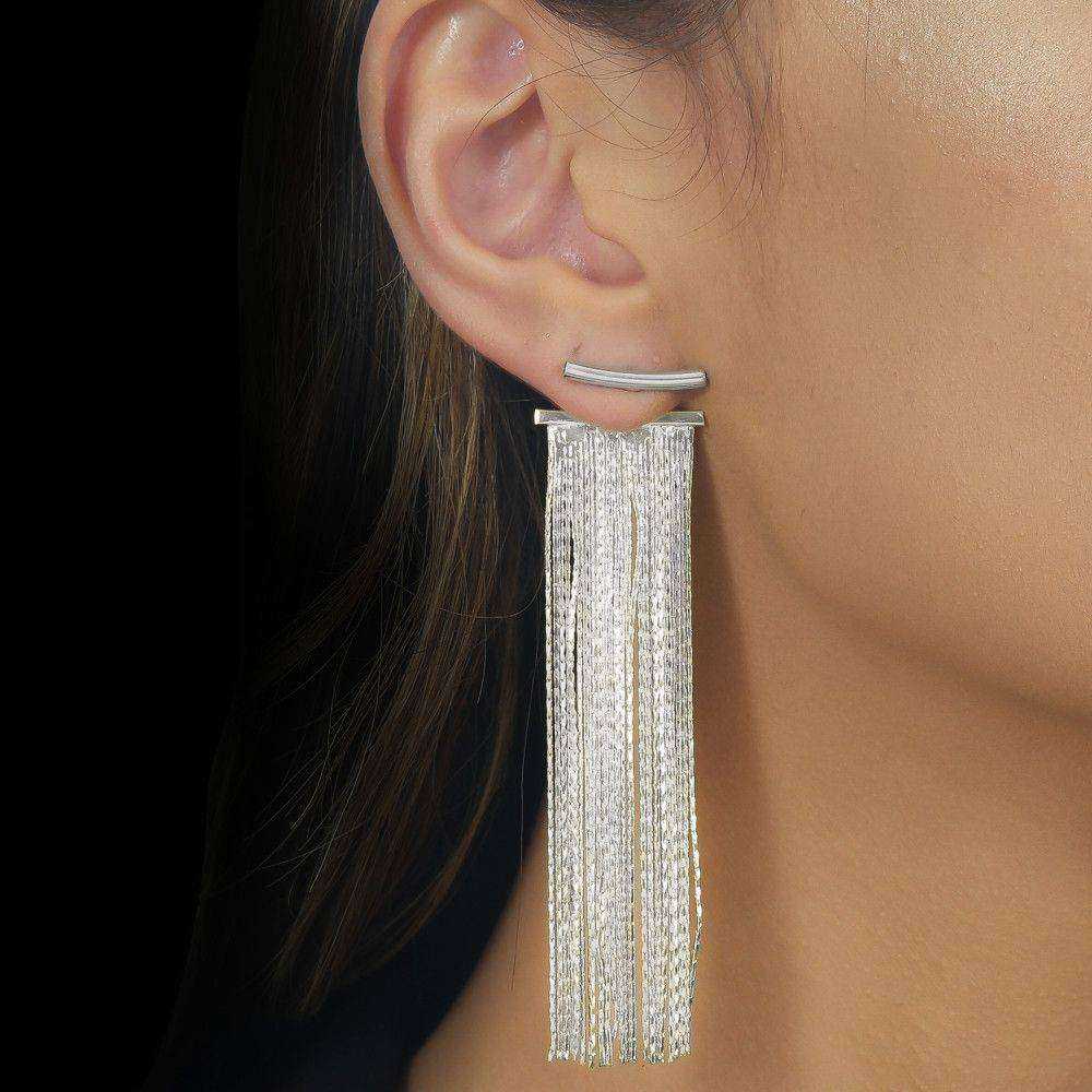 Brinco Feminino Prateado de Franja Longa Elegante - Brincos | Helennea