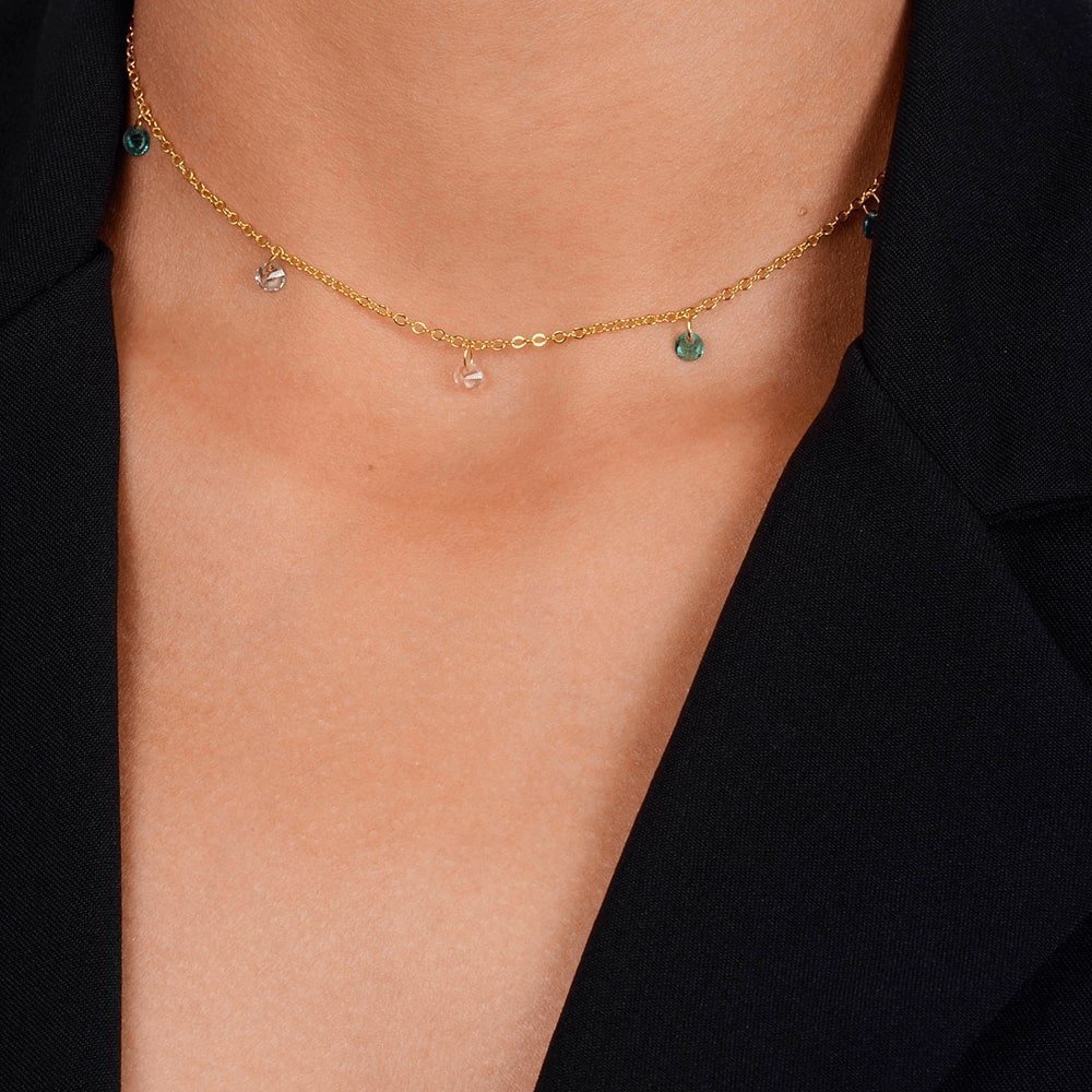 Choker Dourada Pontos de Luz Coloridos em Cristais - Colares | Helennea