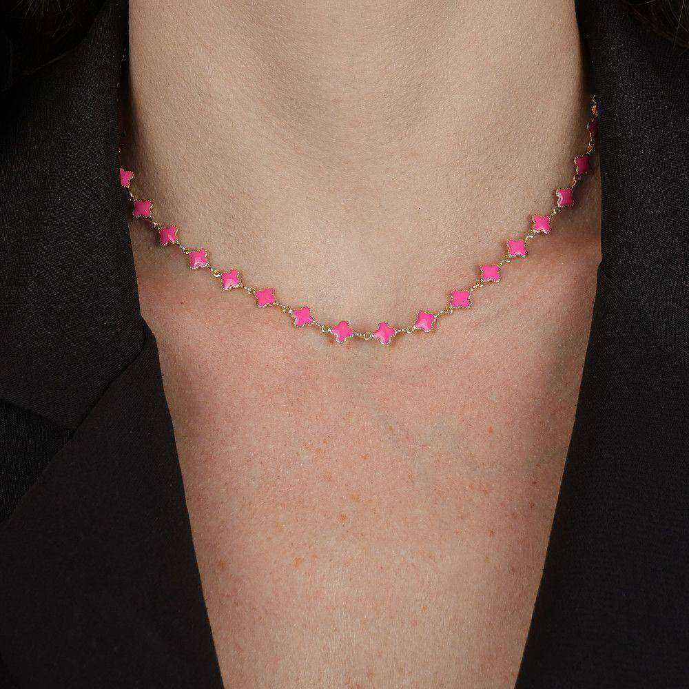 Choker Feminina Trevo Rosa Dourado Delicado - Colares | Helennea