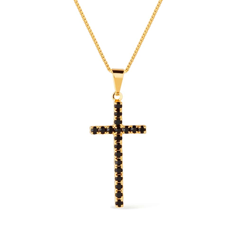 Colar Dourado de Cruz Cravejado de Pedra Natural Negra - Colares | Helennea