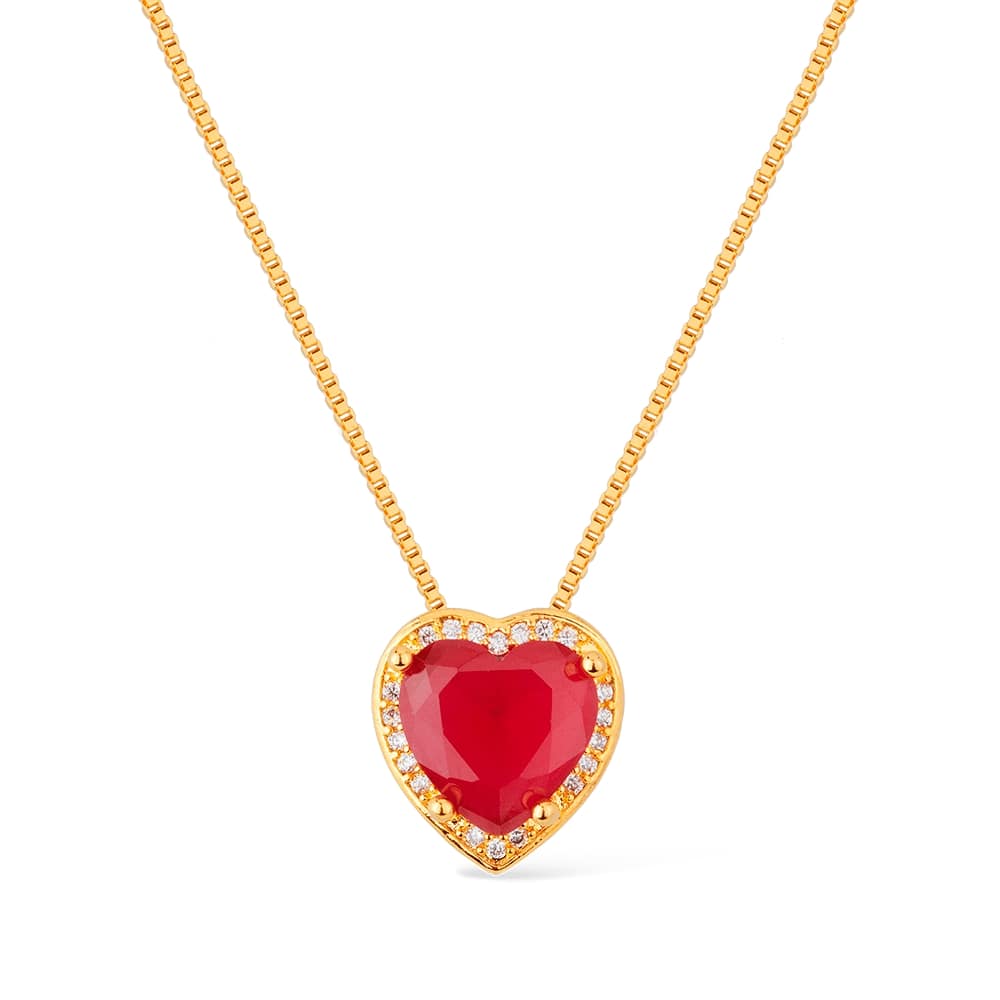 Colar Dourado de Pedra Natural Vermelha Coração Cravejado de Zircônia - Colares | Helennea