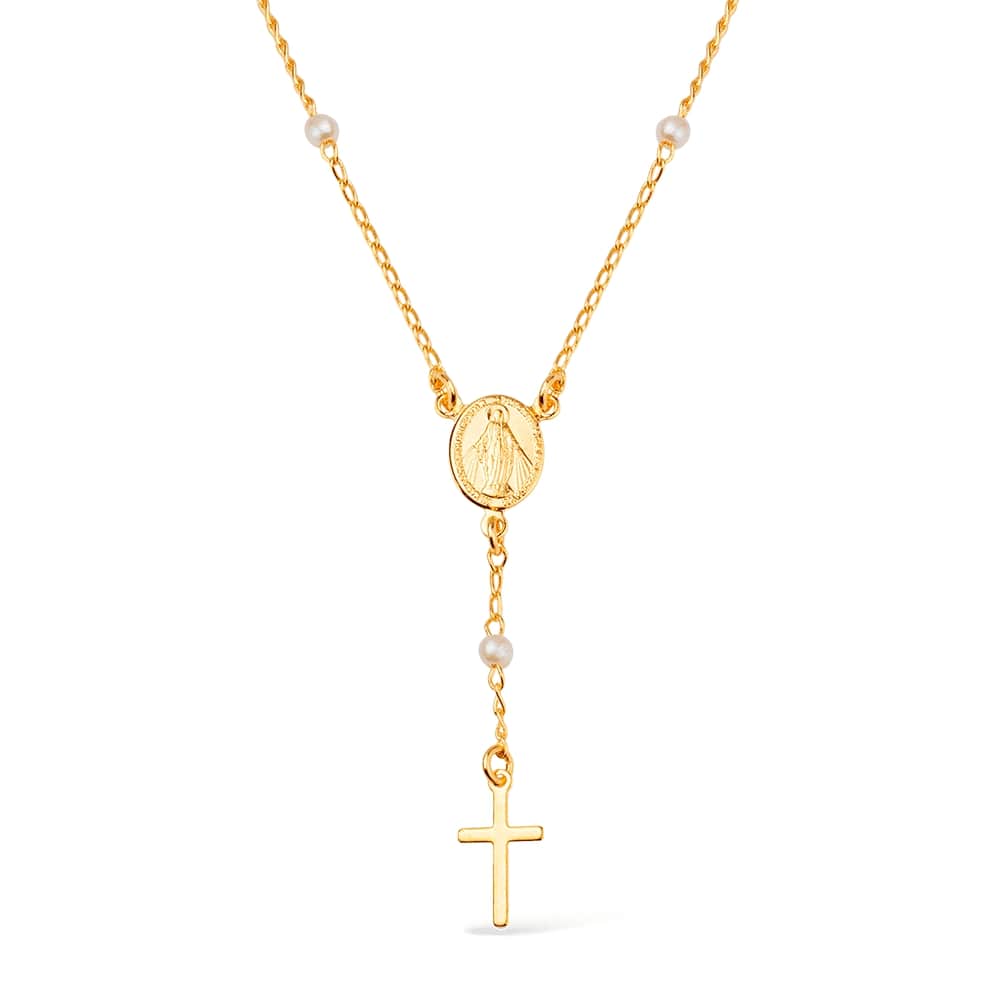 Colar Dourado Religioso Terço Cruz com Pérolas - Colares | Helennea