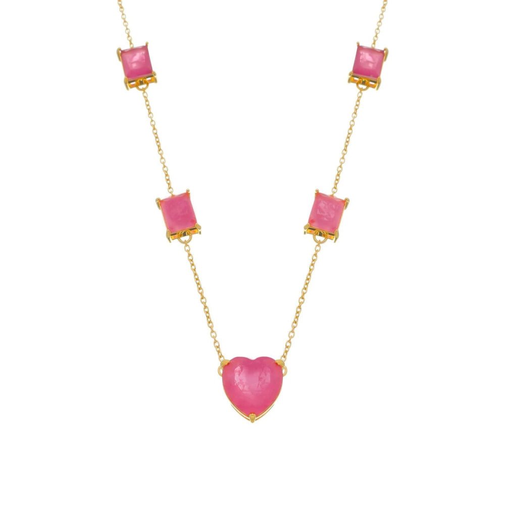 Colar Feminino Dourado Coração Rosa com Pedras Quadradas - Colares | Helennea