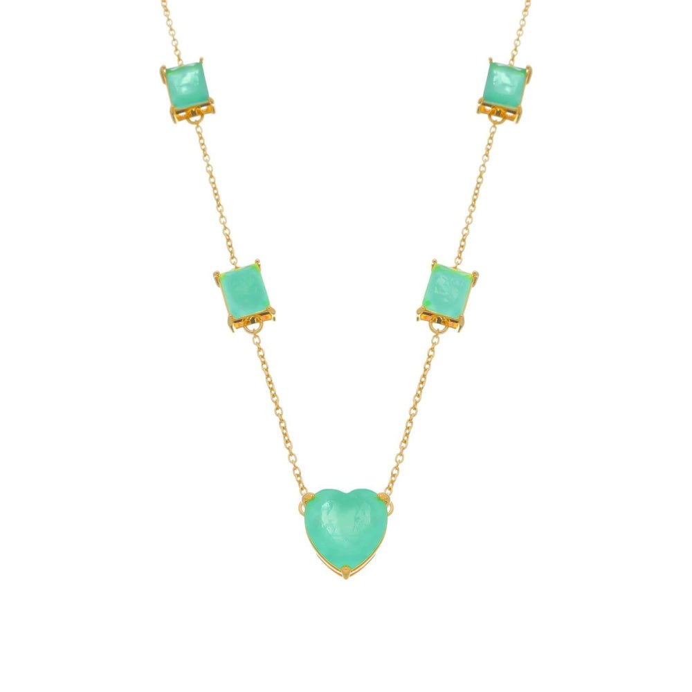 Colar Feminino Dourado Coração Verde com Pedras Quadradas - Colares | Helennea