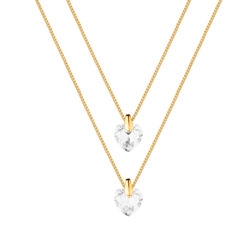 Colar Feminino Duplo Dourado Coração Cristal com Zircônia - Colares | Helennea