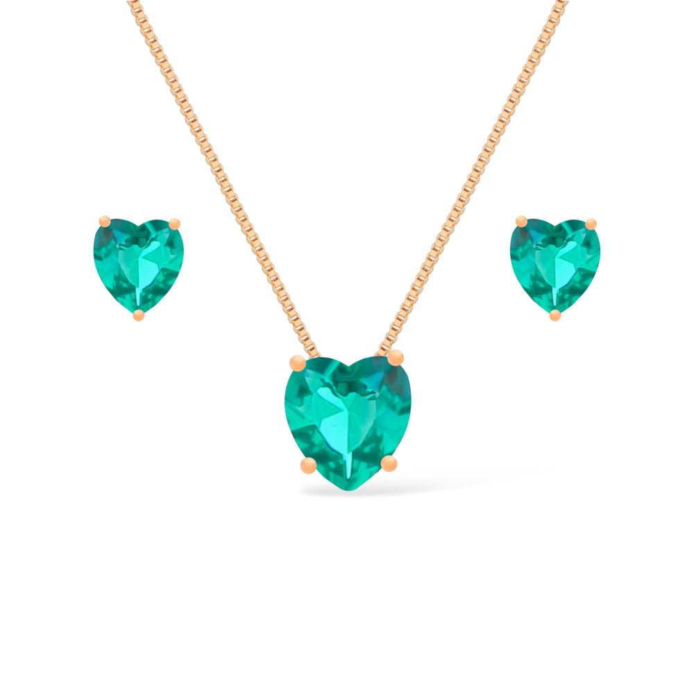 Conjunto Feminino Dourado Coração Verde – Colar e Brincos Elegante Luxo - Colares | Helennea