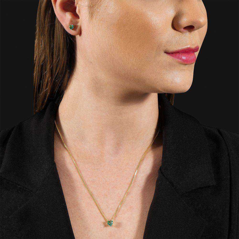 Conjunto Feminino Dourado Coração Verde – Colar e Brincos Elegante Luxo - Colares | Helennea