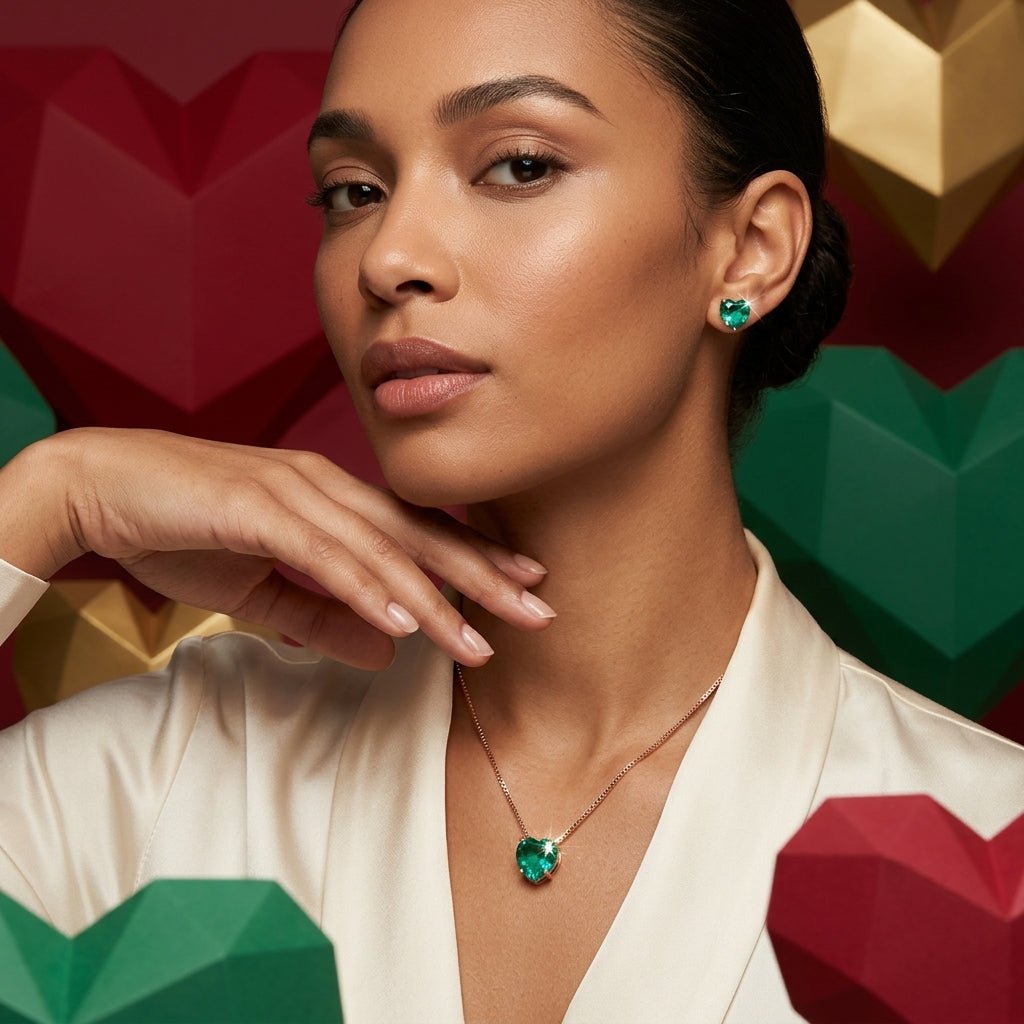 Conjunto Feminino Dourado Coração Verde – Colar e Brincos Elegante Luxo | Helennea - Colares | Helennea