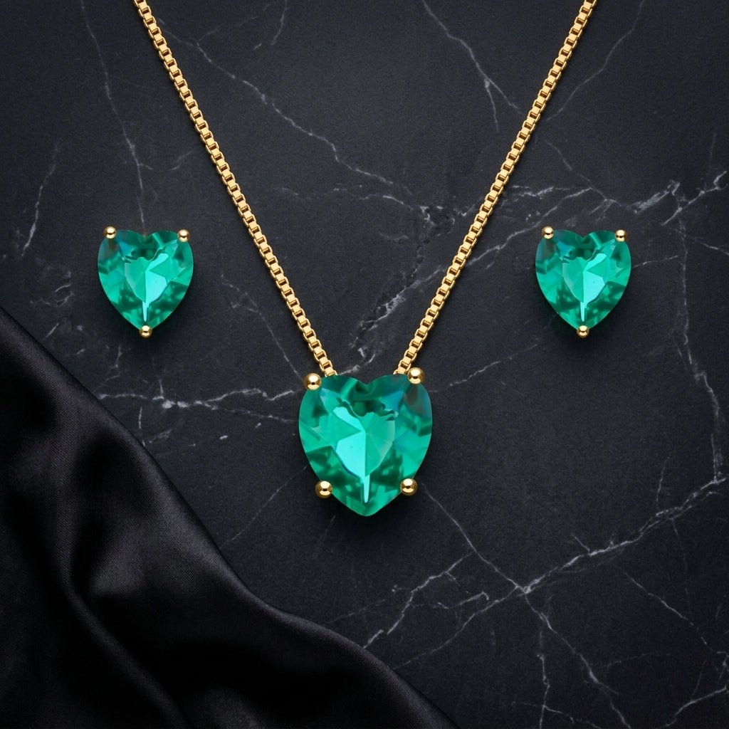 Conjunto Feminino Dourado Coração Verde – Colar e Brincos Elegante Luxo | Helennea - Colares | Helennea