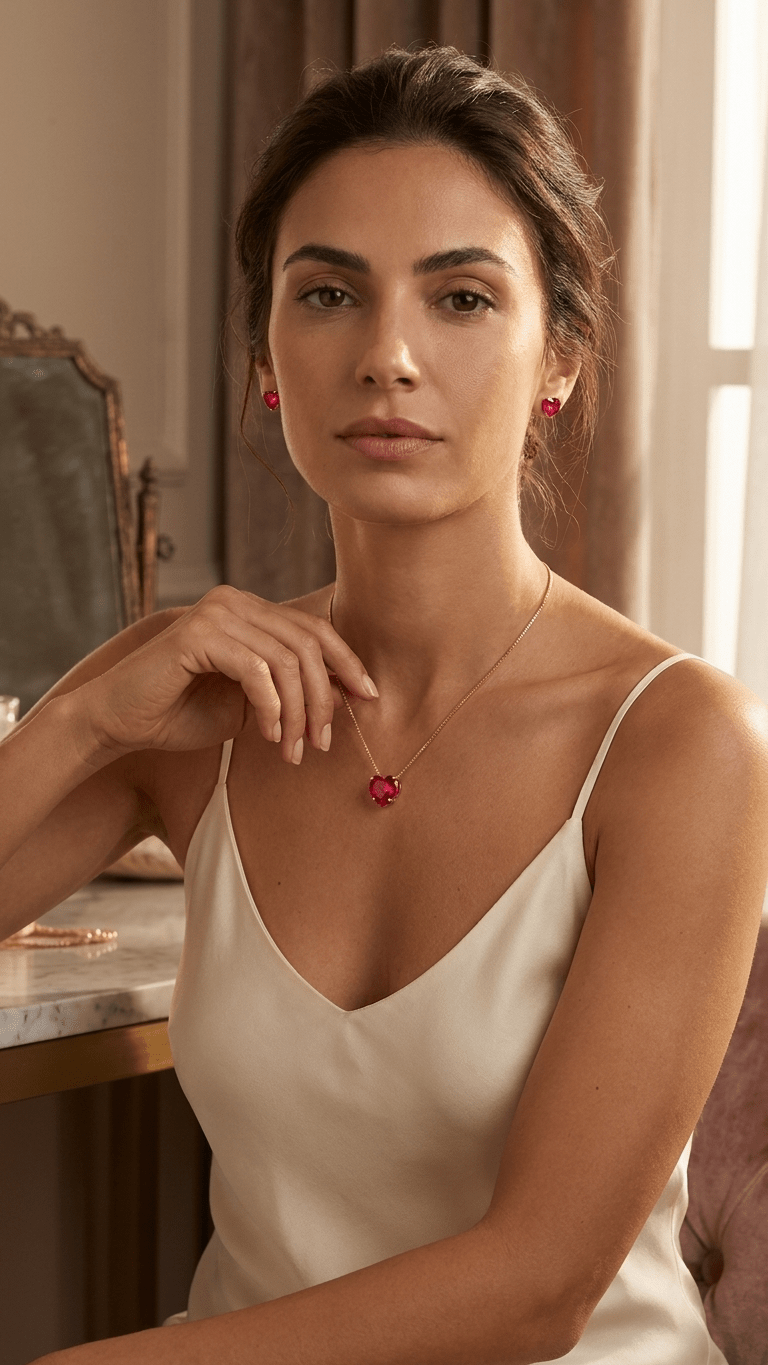 Conjunto Feminino Dourado Coração Vermelho – Colar e Brincos Elegante Luxo - Colares | Helennea