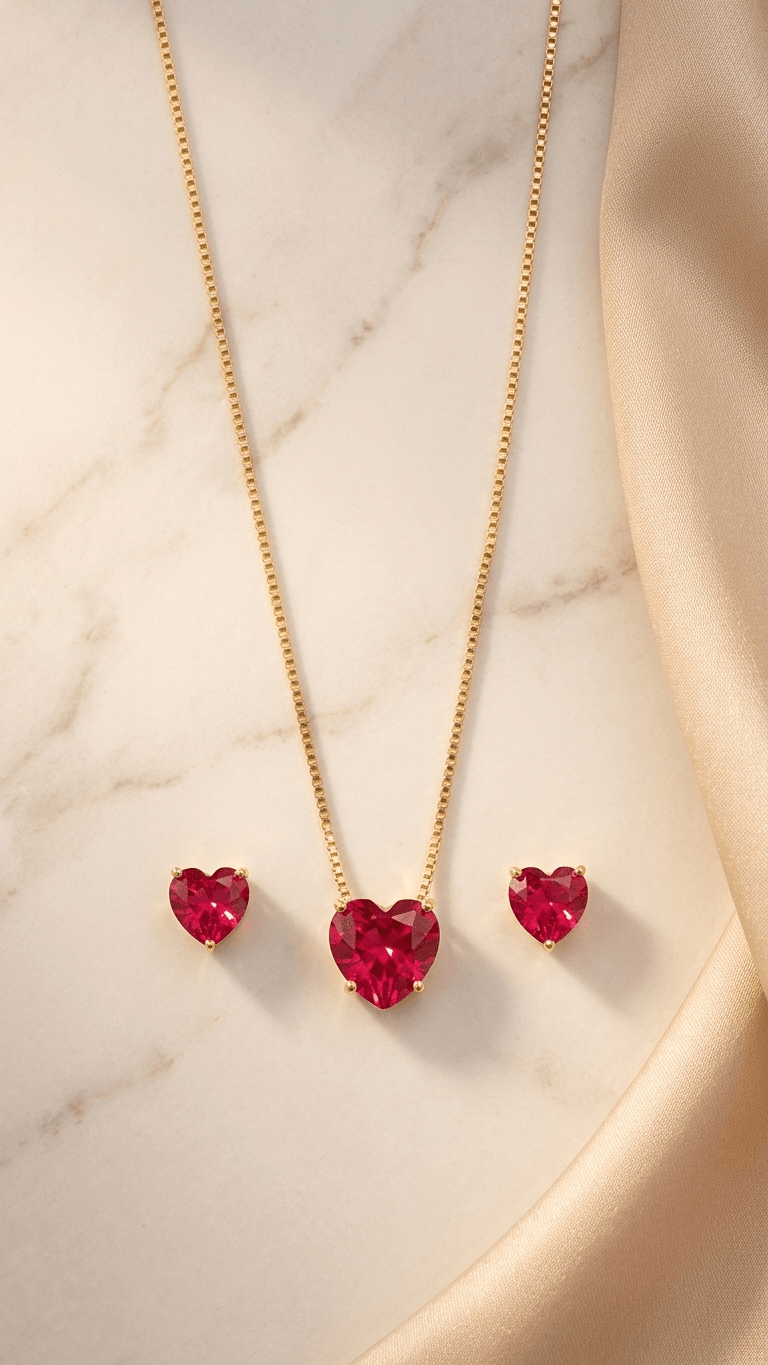 Conjunto Feminino Dourado Coração Vermelho – Colar e Brincos Elegante Luxo - Colares | Helennea