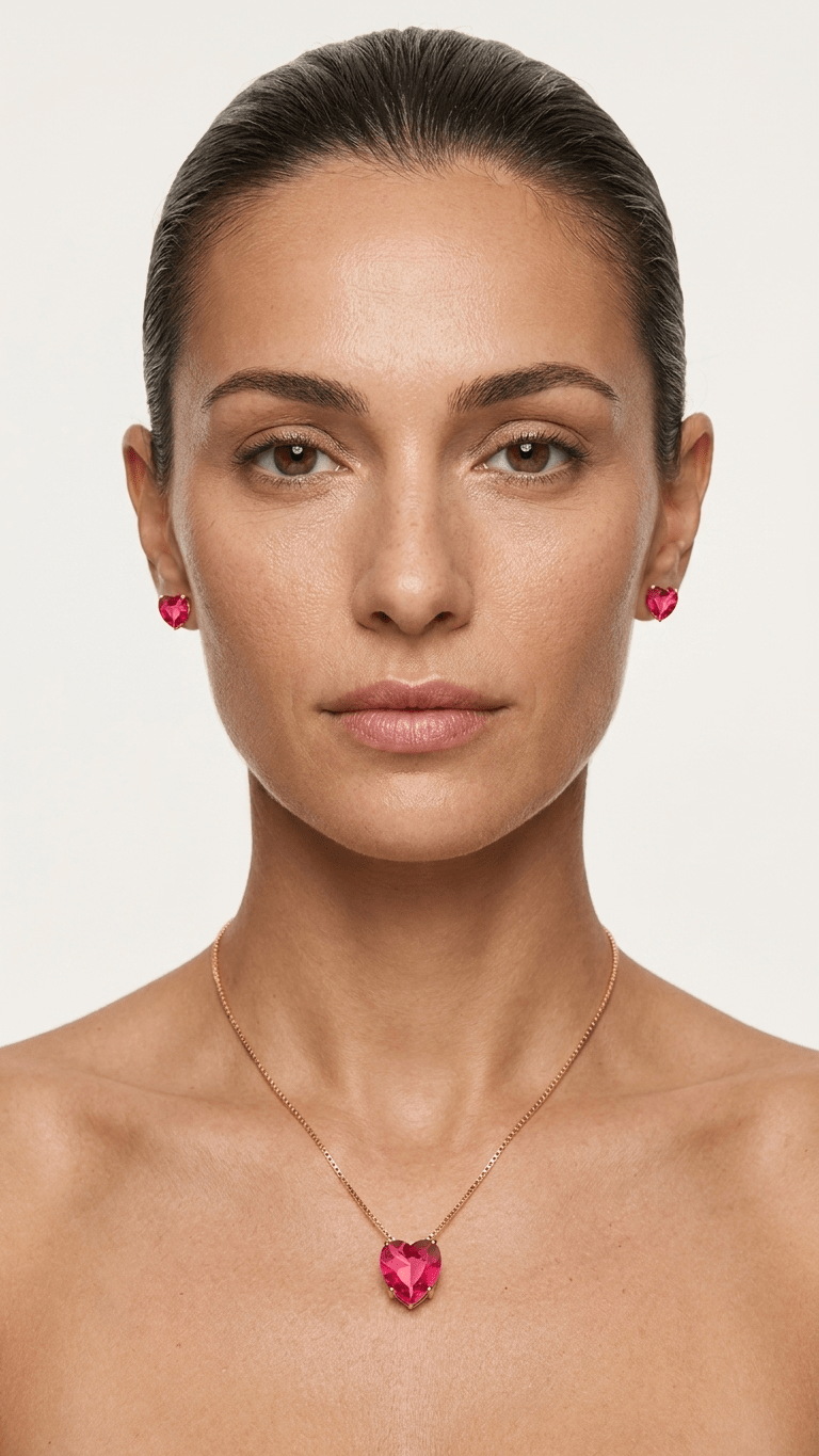 Conjunto Feminino Dourado Coração Vermelho – Colar e Brincos Elegante Luxo - Colares | Helennea