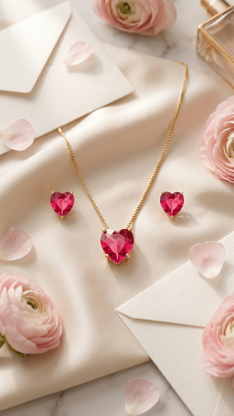 Conjunto Feminino Dourado Coração Vermelho – Colar e Brincos Elegante Luxo - Colares | Helennea