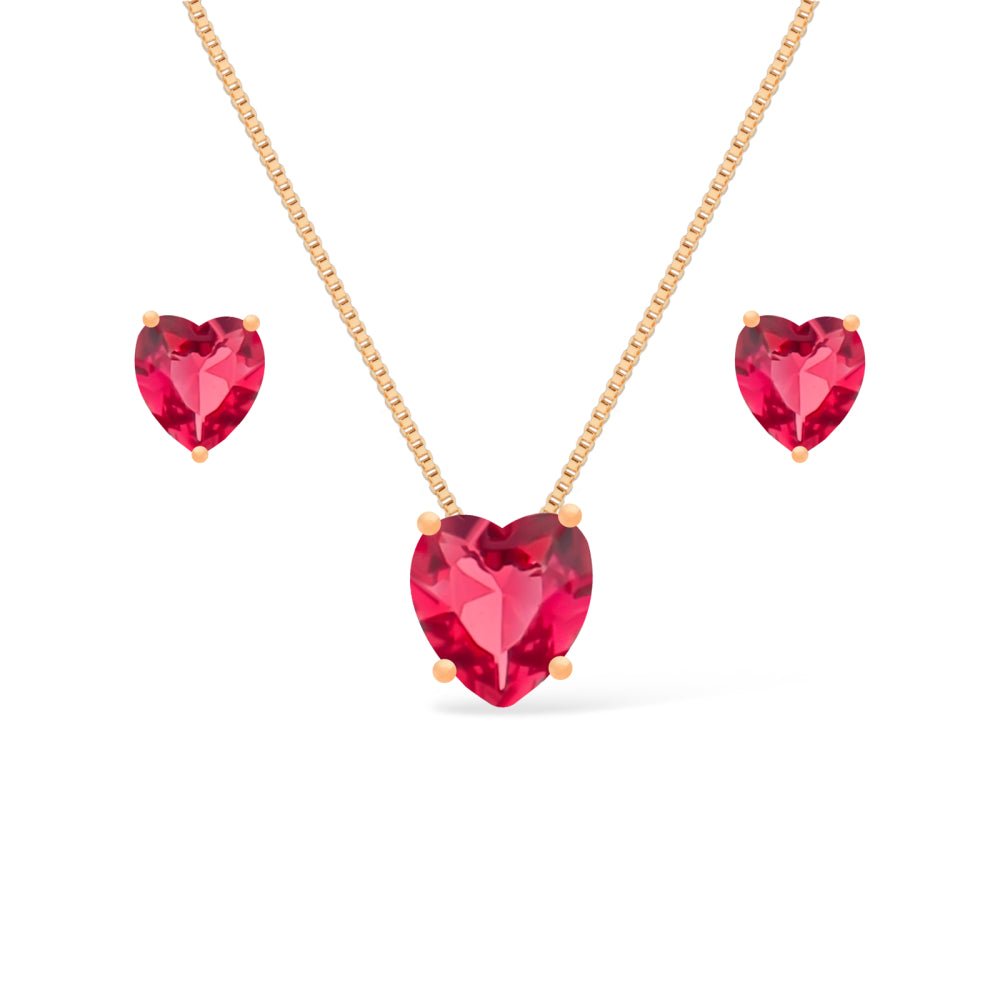 Conjunto Feminino Dourado Coração Vermelho – Colar e Brincos Elegante Luxo - Colares | Helennea