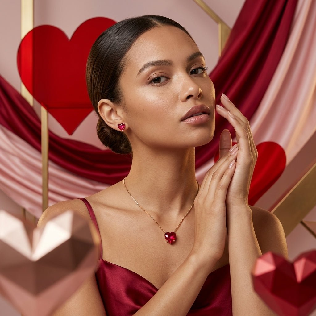 Conjunto Feminino Dourado Coração Vermelho – Colar e Brincos Elegante Luxo | Helennea - Colares | Helennea