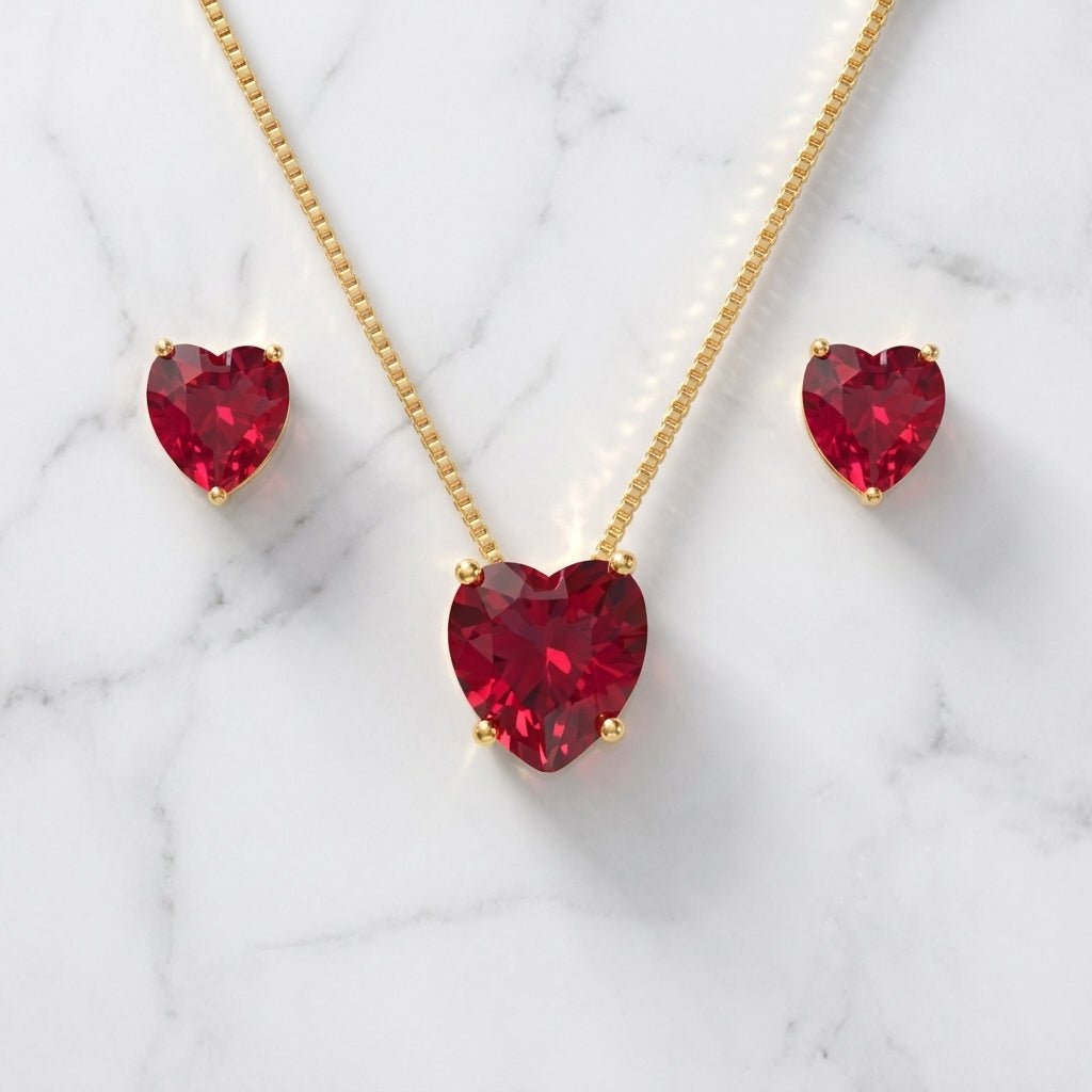 Conjunto Feminino Dourado Coração Vermelho – Colar e Brincos Elegante Luxo | Helennea - Colares | Helennea