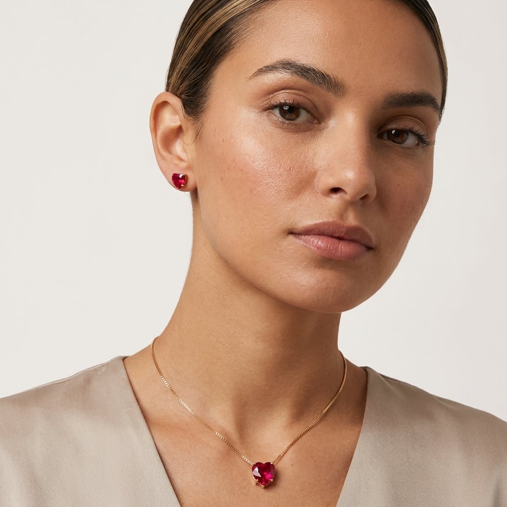 Conjunto Feminino Dourado Coração Vermelho – Colar e Brincos Elegante Luxo | Helennea - Colares | Helennea