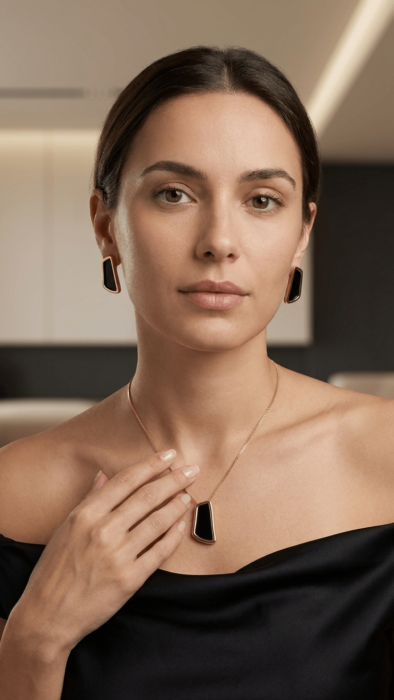 Conjunto Feminino Dourado Estilo Orgânico com Pedra Preta - Conjunto feminino | Helennea