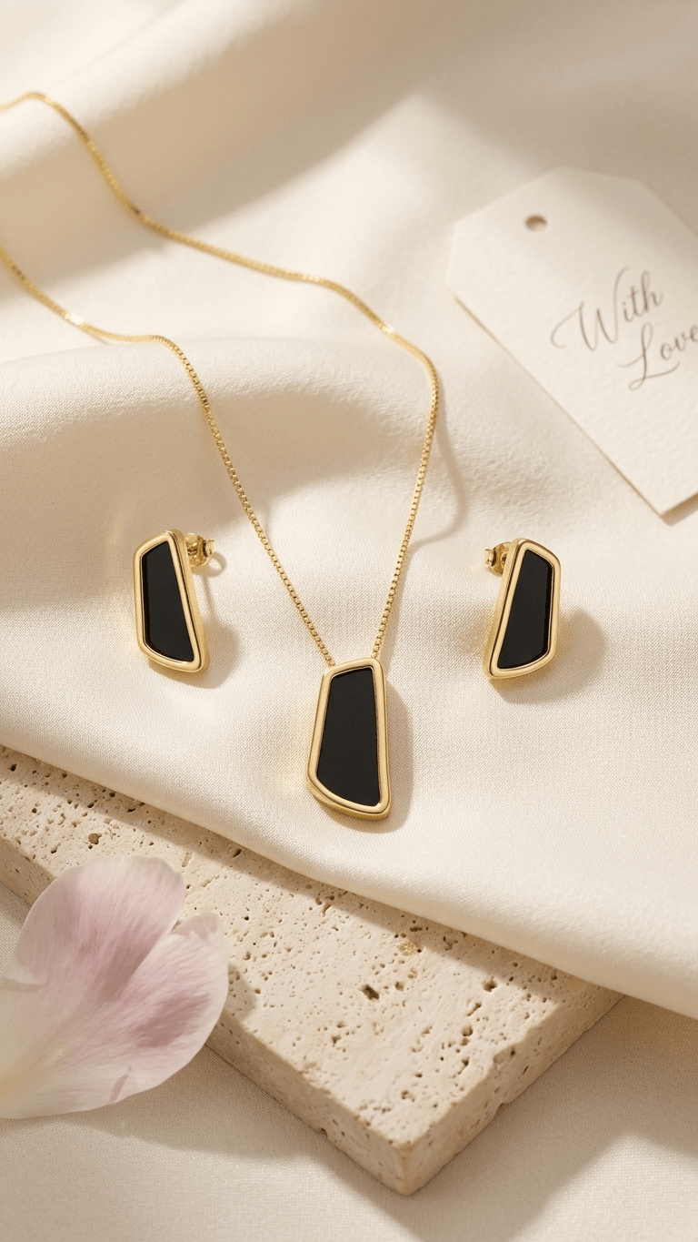 Conjunto Feminino Dourado Estilo Orgânico com Pedra Preta - Conjunto feminino | Helennea