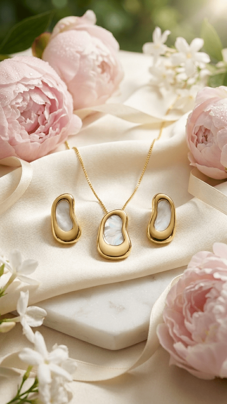 Conjunto Feminino Dourado Orgânico com Madrepérola - Conjunto feminino | Helennea