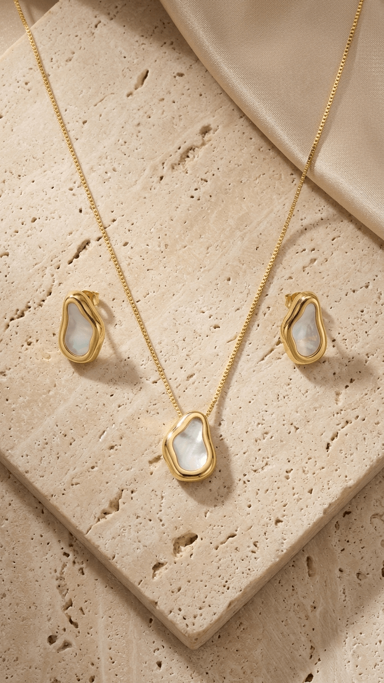 Conjunto Feminino Dourado Orgânico com Madrepérola - Conjunto feminino | Helennea