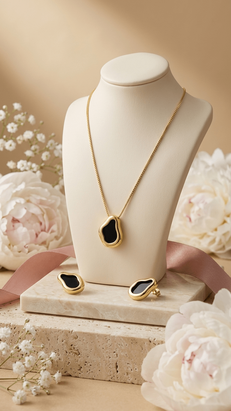 Conjunto Feminino Dourado Orgânico com Pedra Preta - Conjunto feminino | Helennea