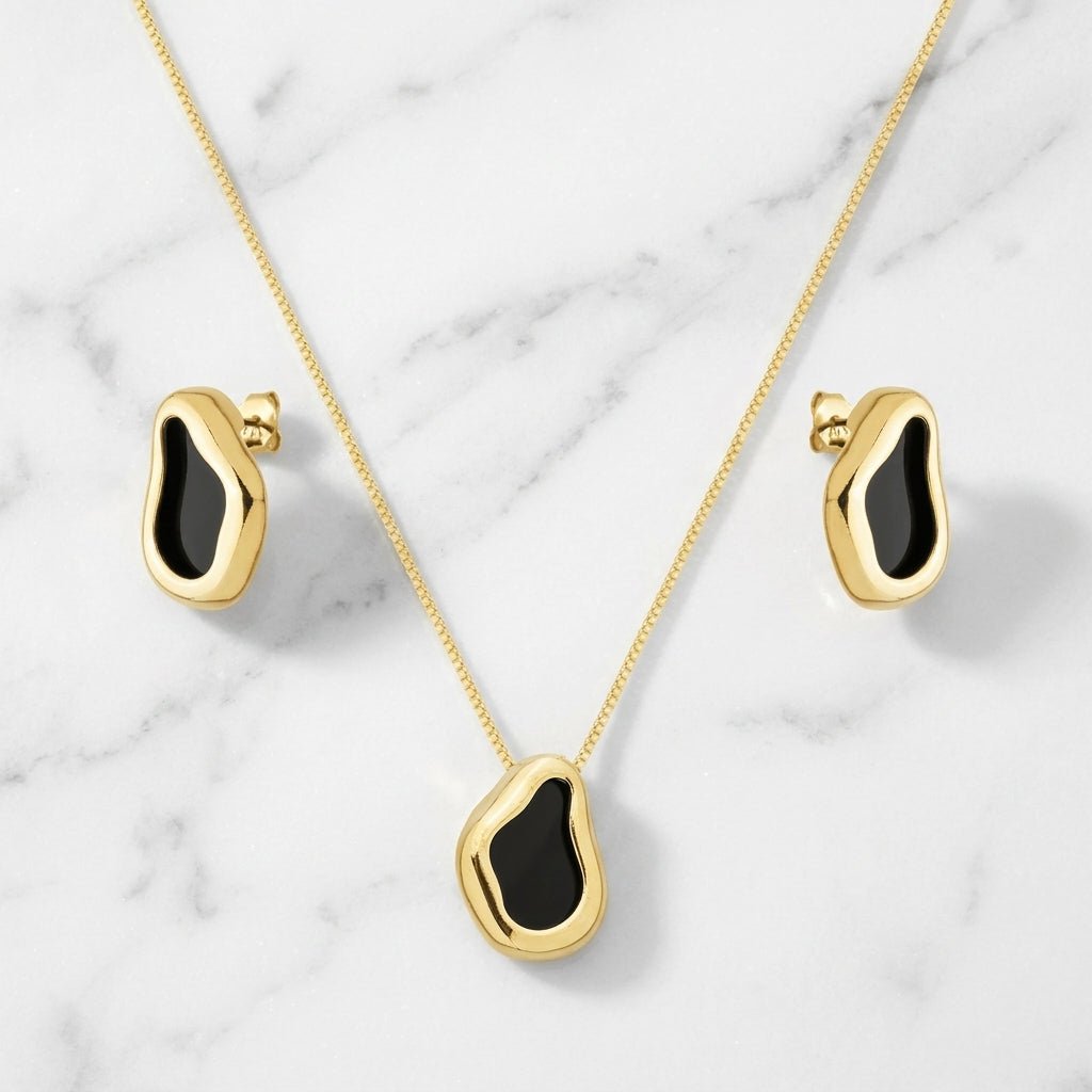 Conjunto Feminino Dourado Orgânico Gota com Pedra Preta | Helennea - Conjunto feminino | Helennea