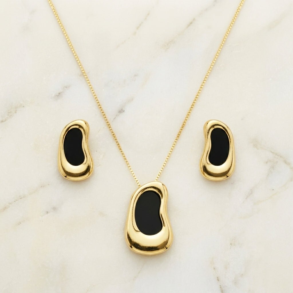 Conjunto Feminino Dourado Orgânico Gota Grande com Pedra Preta | Helennea - Conjunto feminino | Helennea