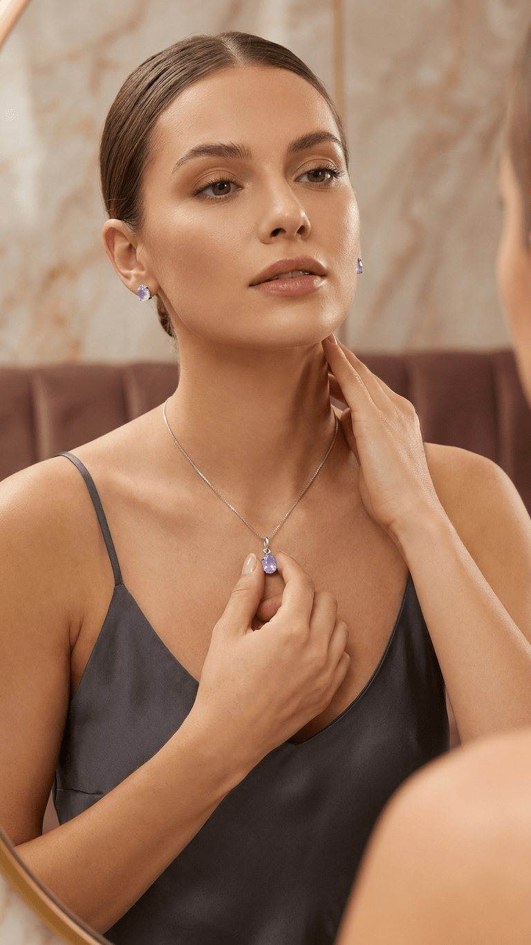 Conjunto Feminino em Prata 925 Gota Lilás – Colar e Brincos Elegante Delicado - Colares | Helennea