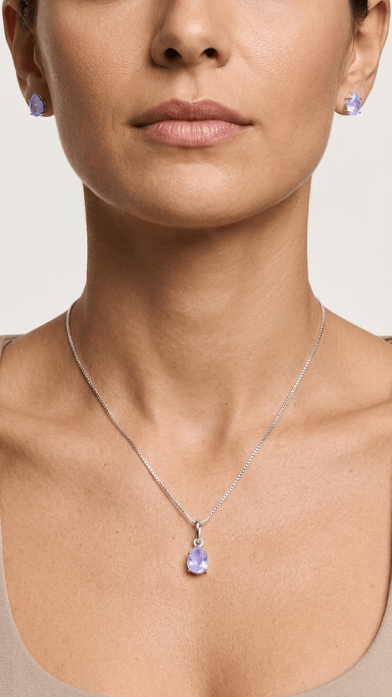 Conjunto Feminino em Prata 925 Gota Lilás – Colar e Brincos Elegante Delicado - Colares | Helennea