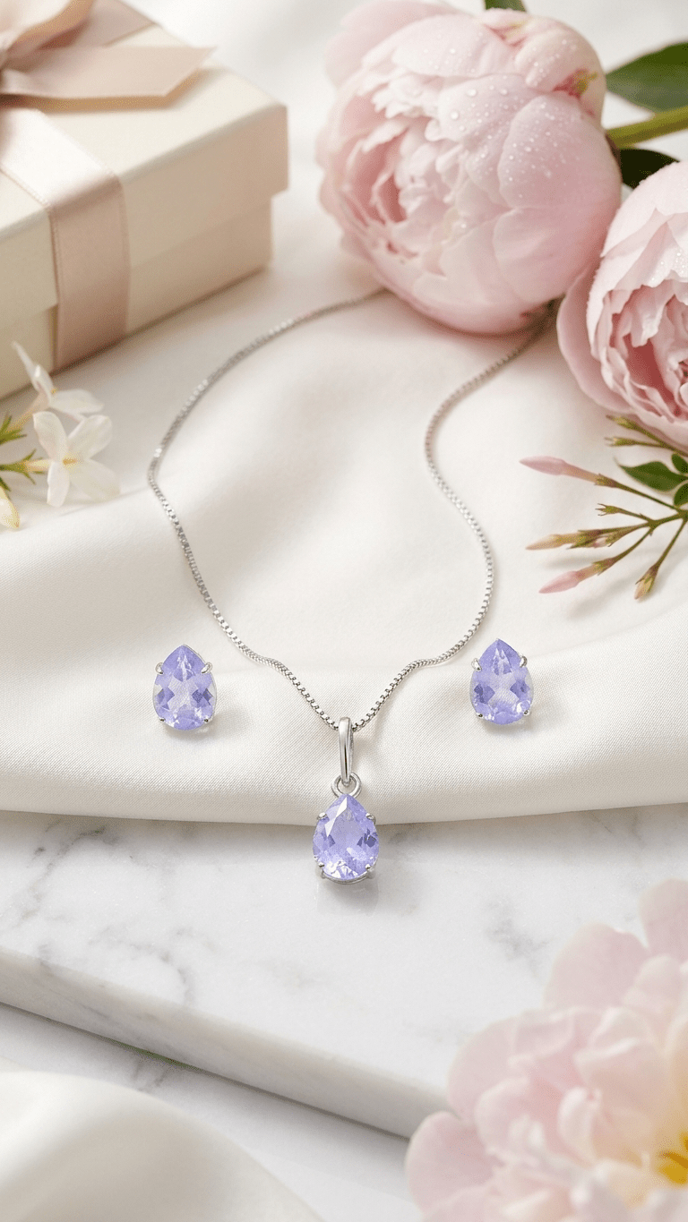 Conjunto Feminino em Prata 925 Gota Lilás – Colar e Brincos Elegante Delicado - Colares | Helennea