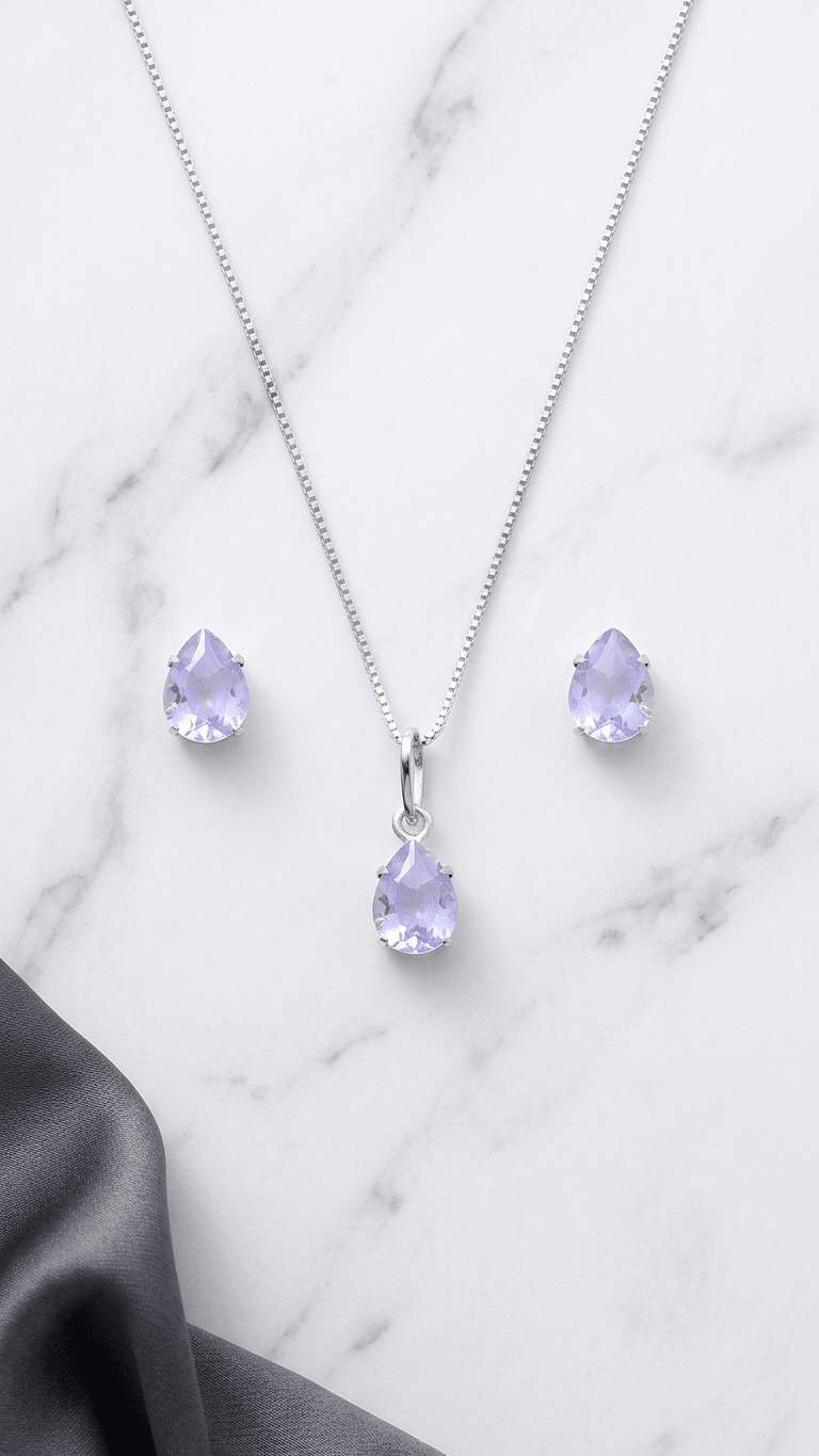 Conjunto Feminino em Prata 925 Gota Lilás – Colar e Brincos Elegante Delicado - Colares | Helennea