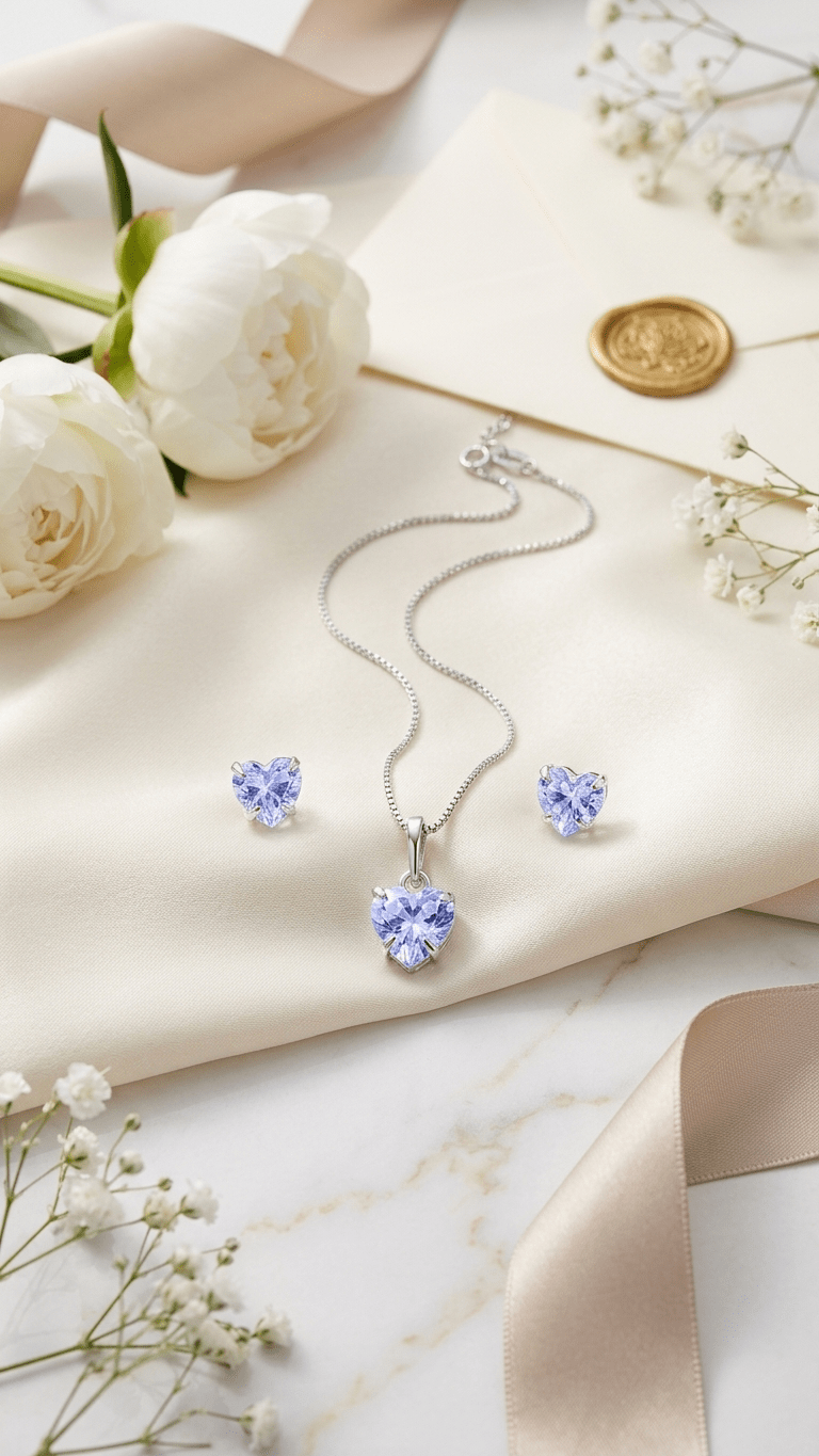 Conjunto Feminino Prateado Coração com Pedra Roxa – Colar e Brincos Elegante Prata 925 - Colares | Helennea