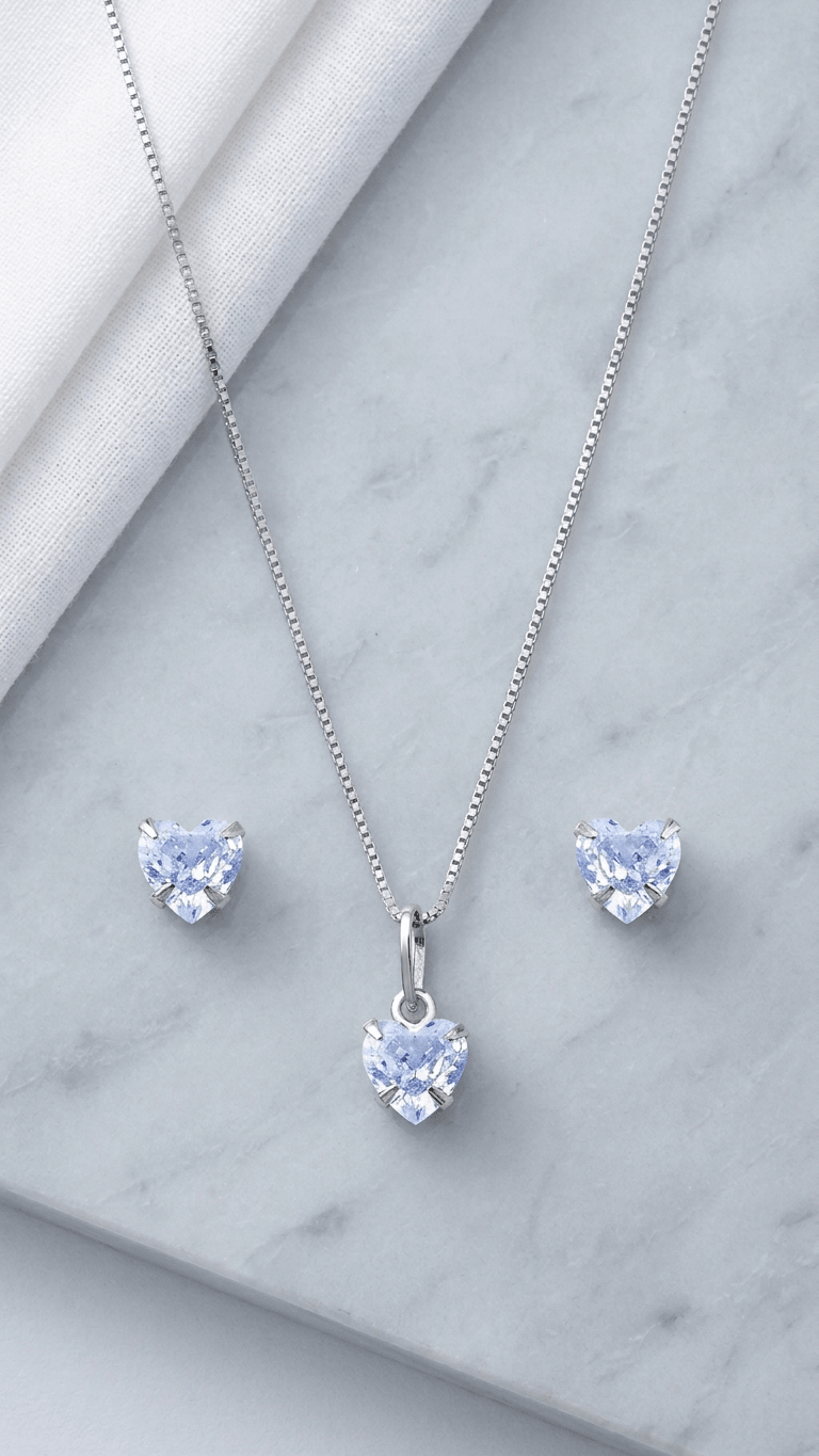 Conjunto Feminino Prateado Coração com Pedra Roxa – Colar e Brincos Elegante Prata 925 - Colares | Helennea