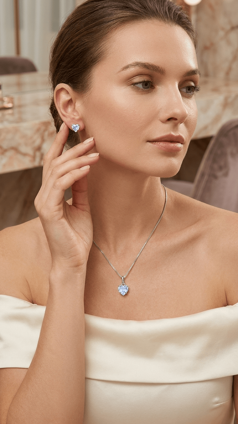 Conjunto Feminino Prateado Coração com Pedra Roxa – Colar e Brincos Elegante Prata 925 - Colares | Helennea