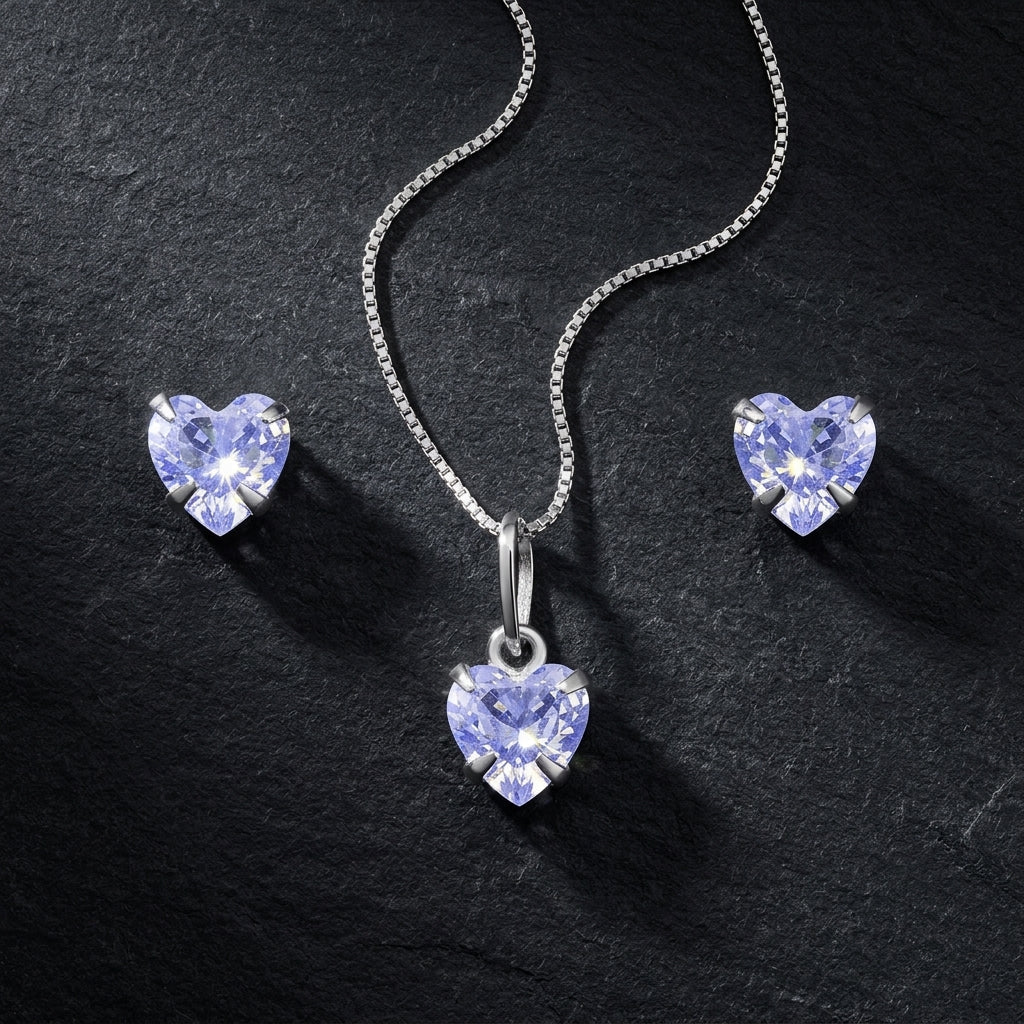 Conjunto Feminino Prateado Coração com Pedra Roxa – Colar e Brincos Elegante Prata 925 | Helennea - Colares | Helennea