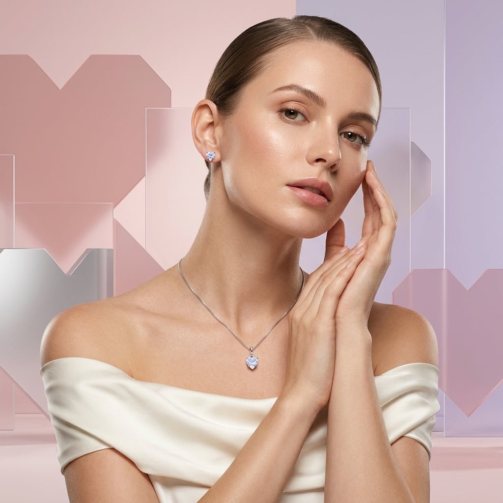 Conjunto Feminino Prateado Coração com Pedra Roxa – Colar e Brincos Elegante Prata 925 | Helennea - Colares | Helennea
