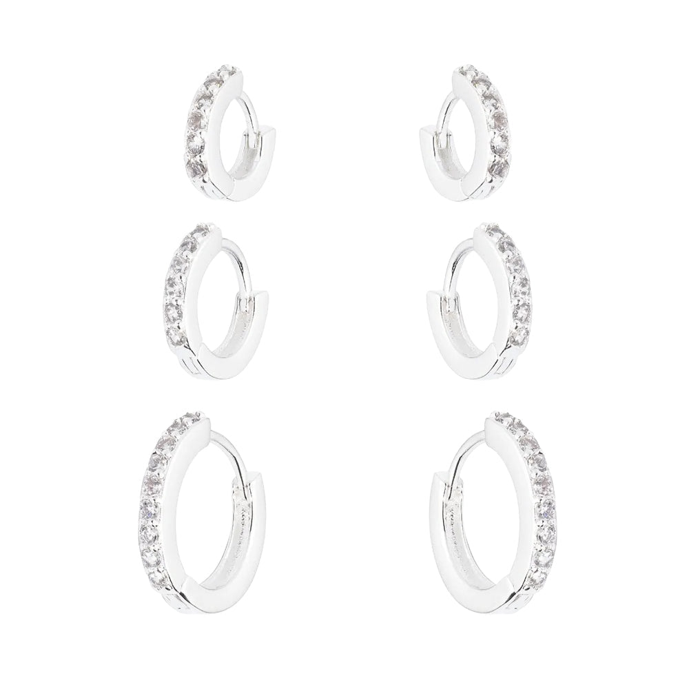 Kit Trio de Argolas Femininas em Prata 925 Cravejadas com Zircônia - Brincos | Helennea