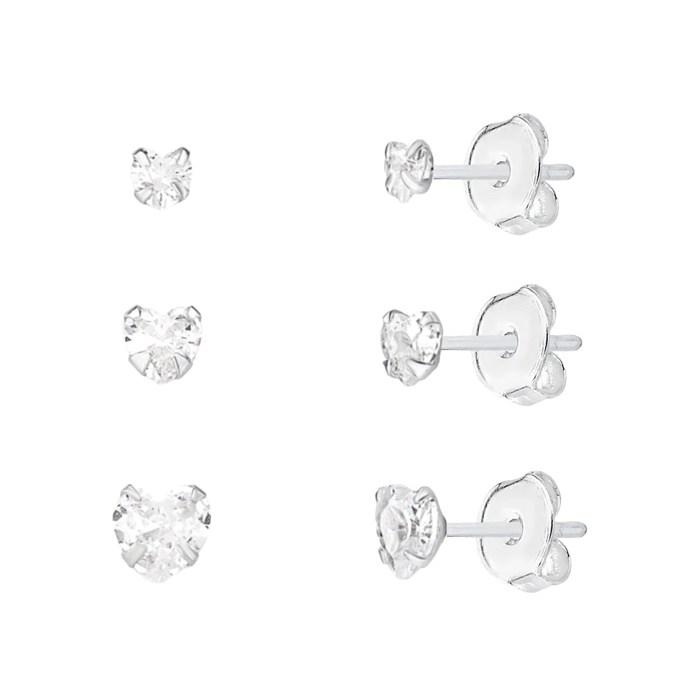 Kit Trio de Brincos Femininos Prata 925 Coração Ponto de Luz - Brincos | Helennea